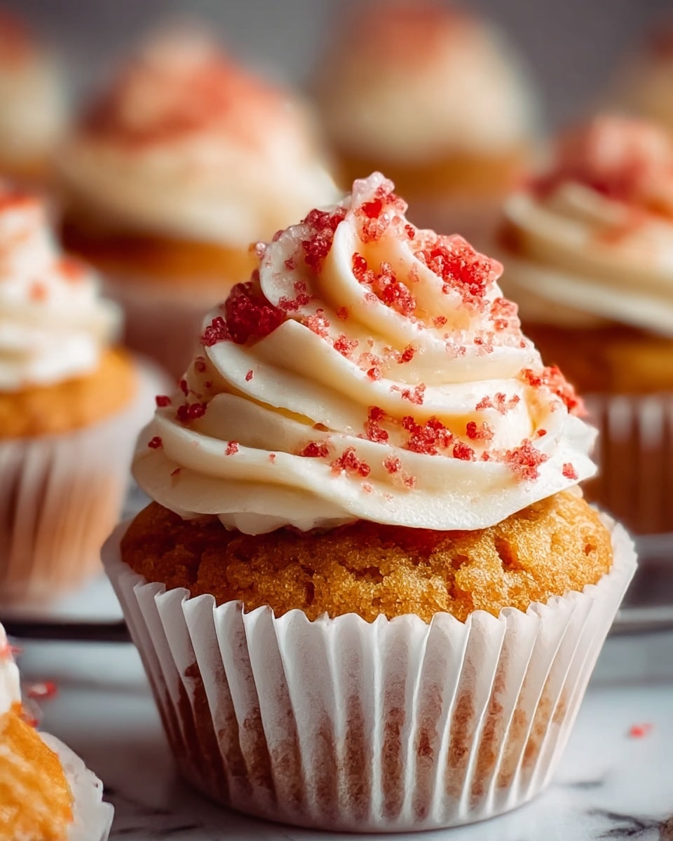 A close-up of a single cupcake with a golden brown base surrounded by a white paper liner, topped with a swirl of white creamy frosting that has a soft and smooth texture. The frosting is sprinkled with small, bright red crumb-like bits that add a rough texture and color contrast, placed evenly over the peak and parts of the swirl. Other similar cupcakes are blurred in the background on a white marbled surface. photo taken with an iphone --ar 4:5 --v 7