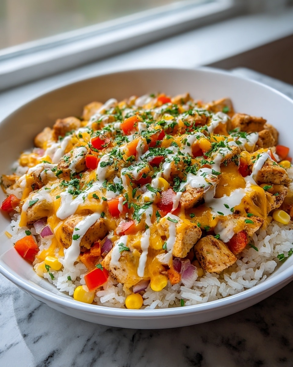 A white bowl filled with a layered rice dish starting with a base of fluffy white rice, topped with grilled chicken pieces that are light brown with grill marks, mixed with bright yellow corn kernels and diced red bell peppers. This is covered by melted yellow and white cheese, with a drizzle of creamy white sauce throughout, and garnished with finely chopped green herbs scattered all over. The bowl sits on a white marbled surface near a window, showing natural light on the food. photo taken with an iphone --ar 4:5 --v 7