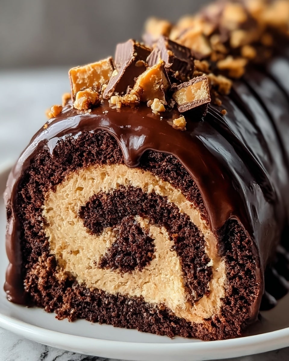 This image shows a close-up of a chocolate roll cake with a thick, dark brown chocolate layer wrapped around a light tan filling. The chocolate outer layer looks glossy and smooth with a thick drizzle of chocolate sauce on top, adding shine and richness. The inner roll has alternating layers of crumbly dark brown cake and a soft, creamy tan filling spiraled tightly together. The top is sprinkled with small chunks of light brown and darker brown crunchy bits, adding texture and color contrast. The cake sits on a white plate against a white marbled surface. photo taken with an iphone --ar 4:5 --v 7