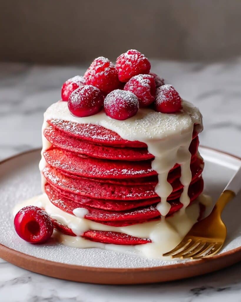 Fluffy Red Velvet Pancakes with Cream Cheese Glaze Recipe