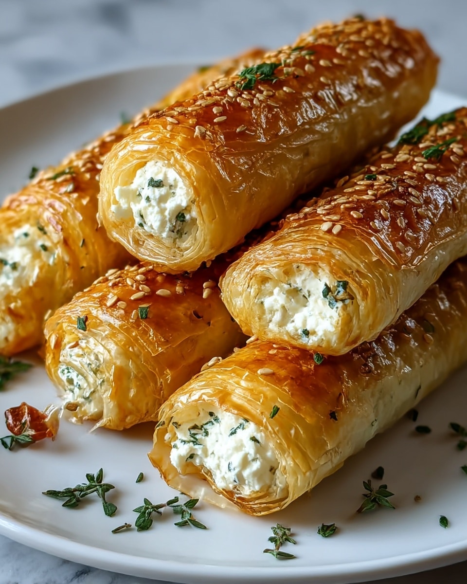 The image shows four crispy, golden-brown rolls arranged close together on a white plate with a white marbled texture beneath. Each roll is made of multiple thin, flaky layers of pastry that are shiny and slightly oily, topped with toasted sesame seeds and small green herb bits. The rolls are filled with a creamy white cheese mixture that has visible green herb pieces mixed throughout. Some loose herbs are scattered on the plate around the rolls, adding a fresh look. photo taken with an iphone --ar 4:5 --v 7