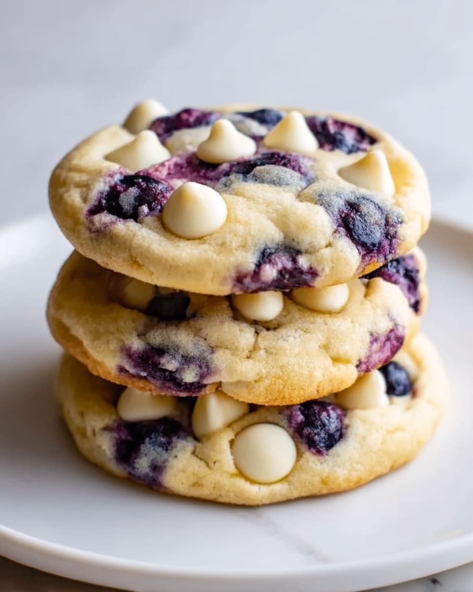 A stack of four cookies sits on a white plate over a white marbled surface. Each cookie is thick with a soft, crumbly texture and is speckled with many dark blue blueberries that look juicy. Small dollops of creamy white chocolate chips are spread evenly across the top of each cookie, slightly melting into the warm dough. The cookies have a golden-yellow color with a slightly cracked surface, showing they are freshly baked. The scene looks cozy and inviting. photo taken with an iphone --ar 4:5 --v 7