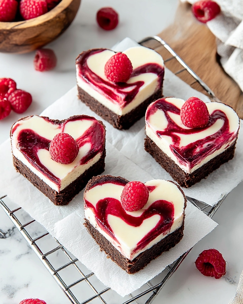 The image shows four heart-shaped brownies with three visible layers on a piece of white parchment paper placed on a cooling rack. The bottom layer is a dark brown, dense chocolate brownie base. The middle layer is a creamy off-white cheesecake that covers most of the top surface, with smooth texture and slight cracks visible. The top layer is a glossy, deep red raspberry swirl artfully spread over the cheesecake, creating a marbled effect with thin dark red lines. Three of the brownies are decorated with bright red whole raspberries placed on the cheesecake layer. The brownies sit on a white marbled textured surface with a few scattered raspberries around, and a woman’s hand is partly visible holding a small white wooden plate with more raspberries in the top-left corner. Photo taken with an iphone --ar 4:5 --v 7
