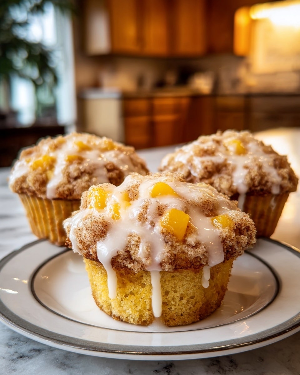 Three muffins sit on a white plate with a light gray rim, placed on a white marbled surface. Each muffin has three visible layers: a golden-brown crumbly topping mixed with small chunks of yellow fruit and specks of cinnamon, a moist-looking golden yellow cake base, and a shiny white drizzle of glaze flowing over the top and sides, giving a sticky and sweet appearance. The muffins are closely arranged, with the front one in clear focus and the two behind slightly blurred. The background shows a soft, warm indoor setting with wooden cabinets and light reflections. photo taken with an iphone --ar 4:5 --v 7