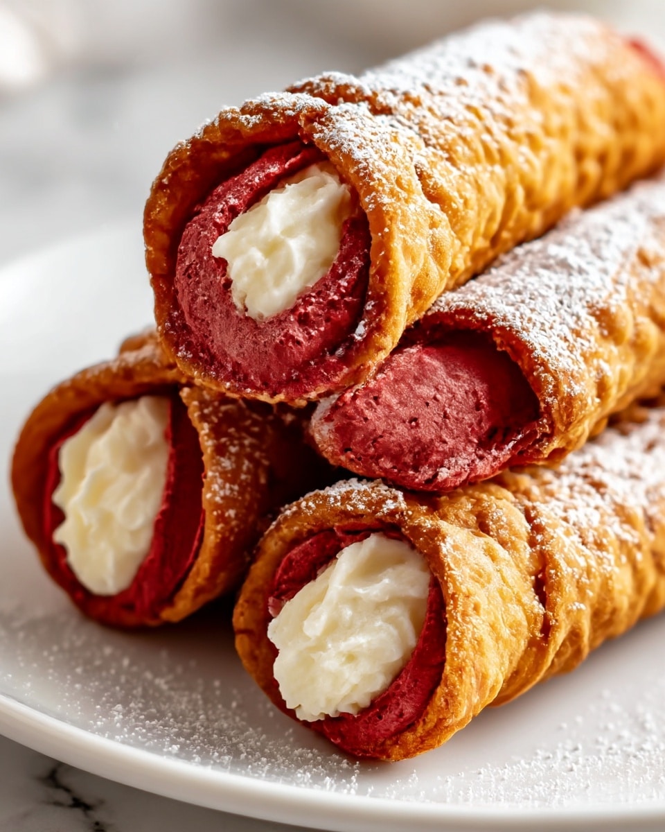 Three golden-brown crispy cannoli shells are filled with smooth, rich red cream, visible at both ends of each shell, with a slightly bumpy texture on the filling’s surface. Each cannoli is lightly dusted with white powdered sugar, especially concentrated on one end of the cream. The cannoli are stacked neatly on a white plate, placed on a white marbled surface with a soft, warm light in the background creating a gentle glow. photo taken with an iphone --ar 4:5 --v 7