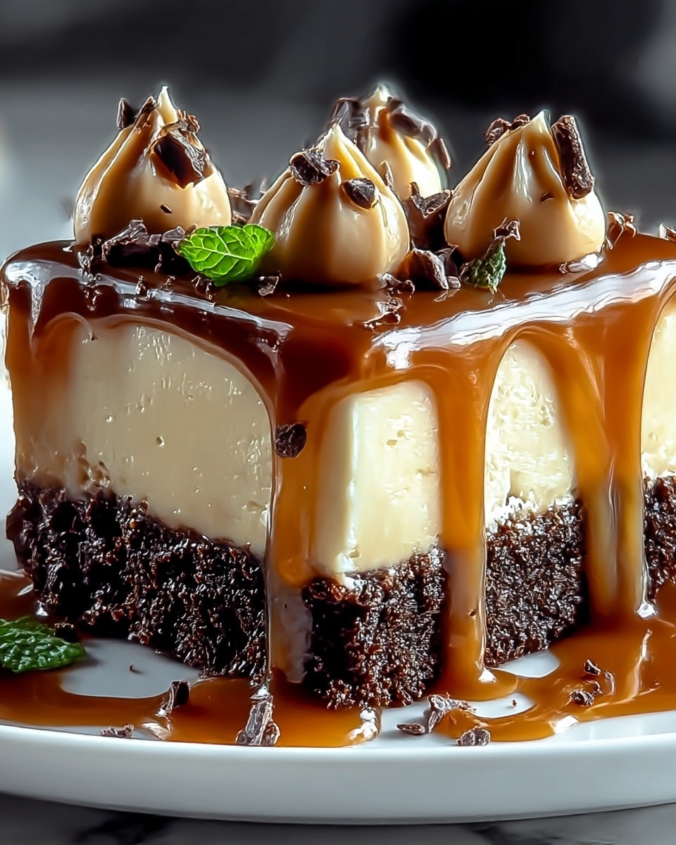 A close-up of a three-layer dessert bar on a white plate set on a white marbled texture, showing a bottom layer of dense, dark chocolate crumb with a rough, crumbly texture, a smooth and creamy middle layer of light beige caramel cream, and a top layer of shiny caramel sauce dripping down the sides. On top, there are five small dollops of caramel cream, sprinkled with small dark chocolate shavings and a tiny green mint leaf. The caramel sauce pools around the bottom edges with some scattered chocolate crumbs. photo taken with an iphone --ar 4:5 --v 7