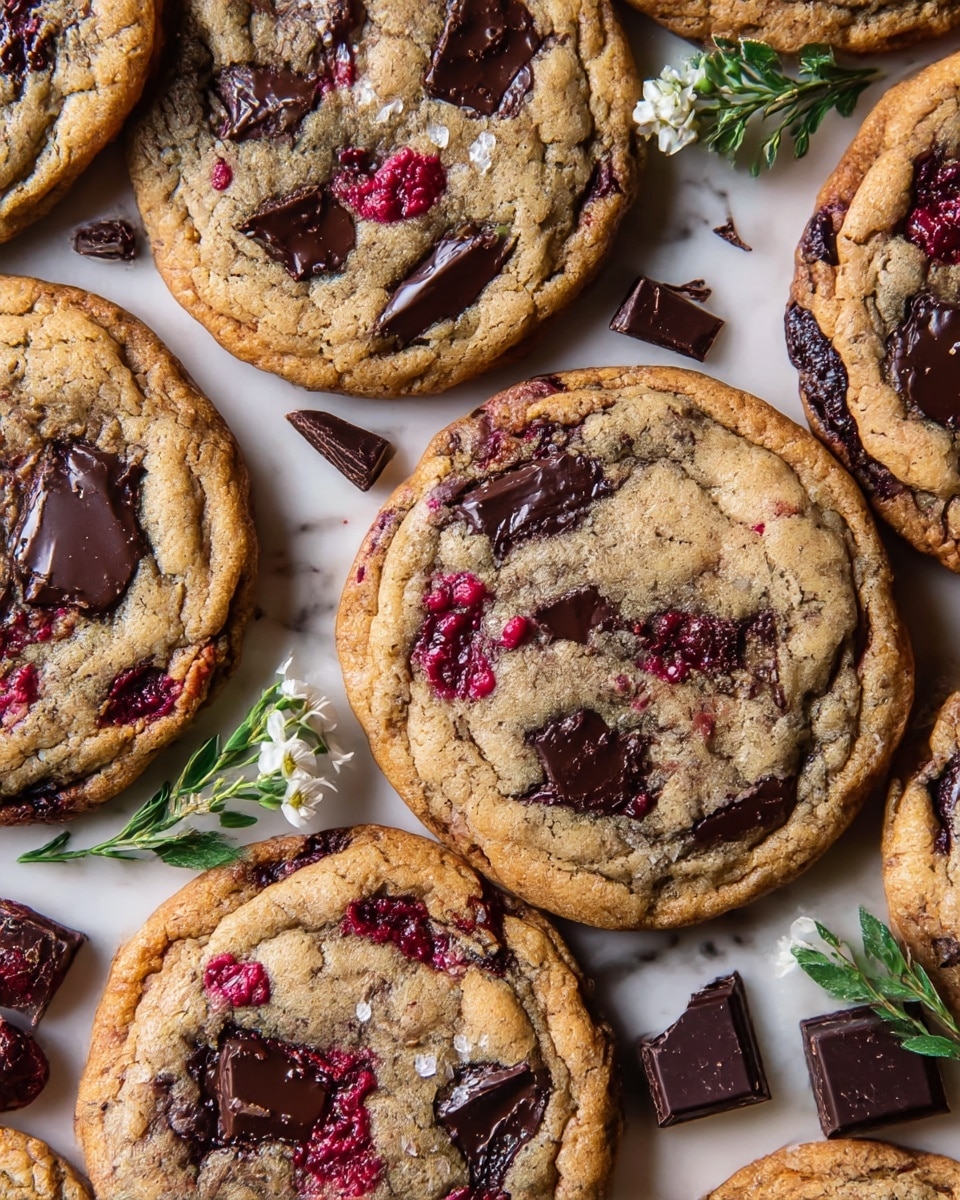 A close-up of several round cookies with a slightly cracked top showing melted dark chocolate chunks and red berry pieces embedded throughout, the cookies have a golden brown edge and a light brown center with hints of red from the berries, scattered irregularly on a white marbled surface along with small pieces of dark chocolate and tiny white flowers with green leaves for decoration. photo taken with an iphone --ar 4:5 --v 7