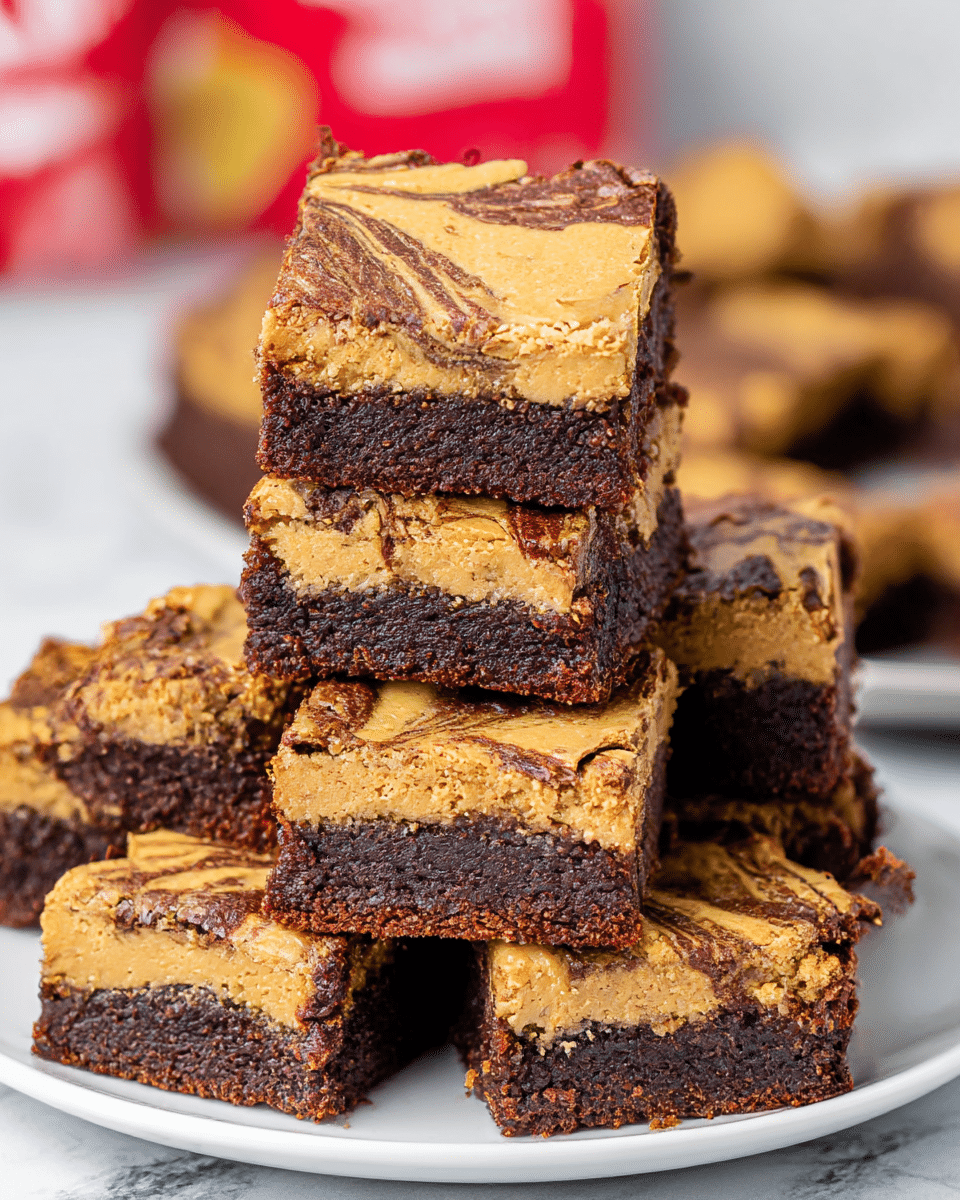 A stack of seven square brownies sits on a white plate on a white marbled surface, each brownie showing two layers: a dark brown, moist, dense chocolate bottom layer, topped with a light brown, smooth peanut butter layer swirled with darker brown chocolate streaks creating a marbled effect. The edges of the brownies are slightly crumbly, and the top texture is a mix of creamy and slightly crackled. The background is blurred out with hints of red and yellow colors. photo taken with an iphone --ar 4:5 --v 7