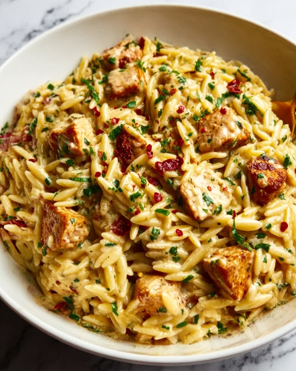 The dish shows creamy orzo pasta mixed with small, browned chicken pieces evenly spread throughout. The orzo is a light yellow color with a smooth, slightly glossy texture, and the chicken pieces are golden brown with a slight crispy look. Small green herbs and red pepper flakes are sprinkled on top, adding color contrast. The food is served in a white bowl with a clean, white marbled background. The overall look is warm and appetizing. photo taken with an iphone --ar 4:5 --v 7