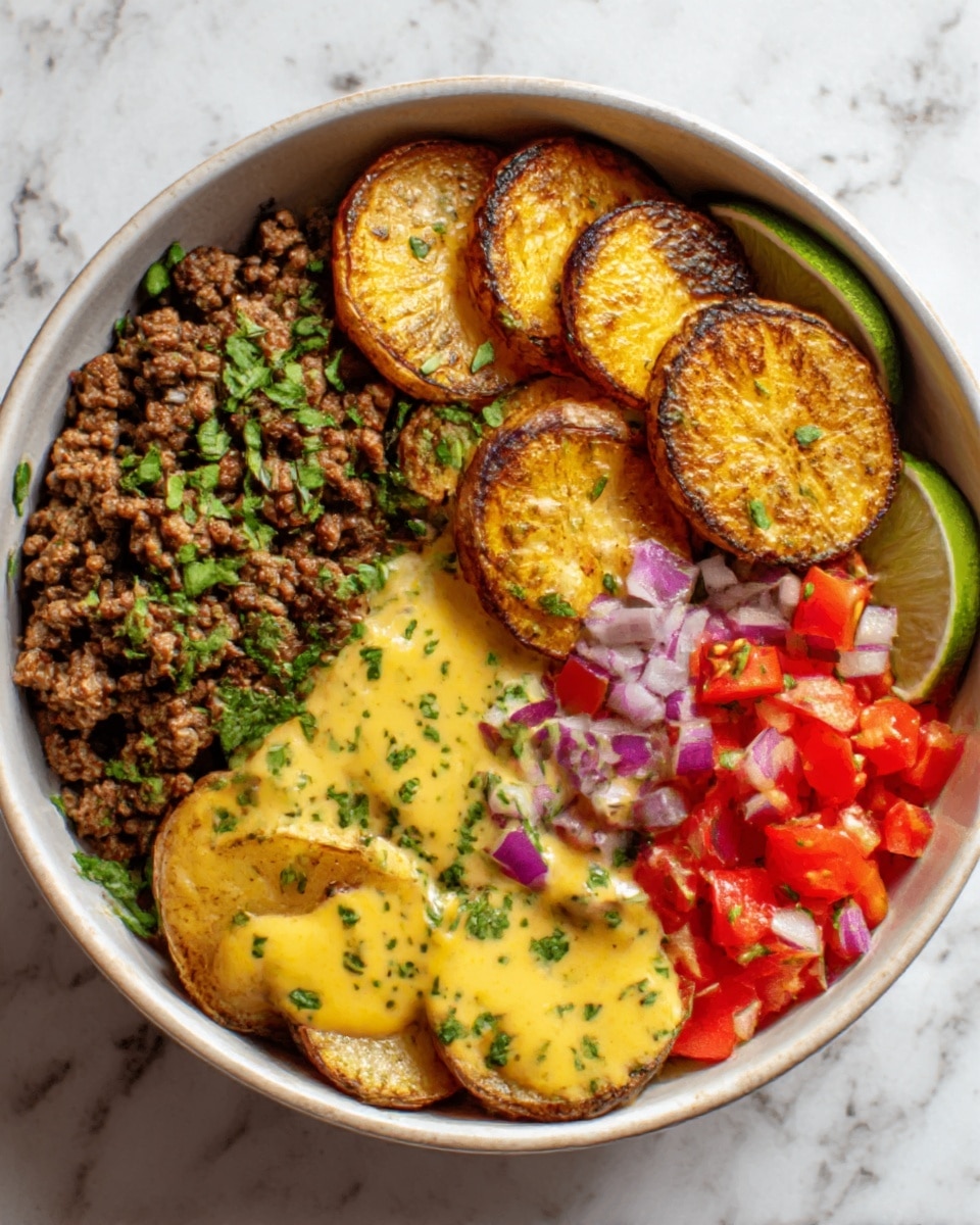 The image shows a white bowl filled with a colorful meal on a white marbled surface. Inside the bowl, there are four main sections: browned ground meat with green herbs on the left, golden roasted potato slices arranged in a semi-circle in the center and right side, a bright mix of chopped red tomatoes and finely diced red onions next to the potatoes, and a creamy yellow sauce with green herbs drizzled over the roasted potatoes. The dish looks fresh and vibrant with a variety of textures. photo taken with an iphone --ar 4:5 --v 7