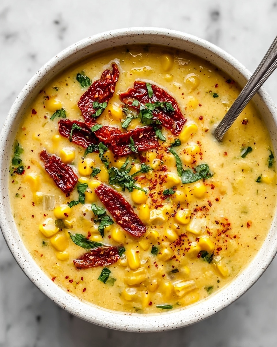 Sun Dried Tomato Corn Chowder with Crispy Goat Cheese Croutons Recipe