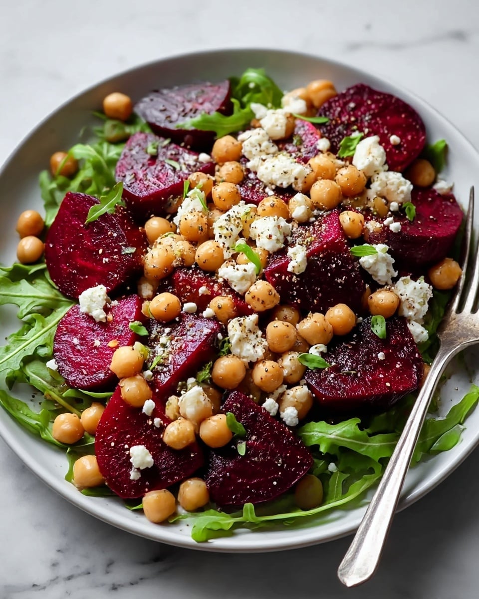The dish is shown in a white shallow bowl placed on a white marbled surface. The first layer at the bottom consists of fresh green arugula leaves scattered unevenly. On top of this, there are thick slices of deep red roasted beets arranged in an irregular pattern. The next layer is made of small round chickpeas sprinkled generously all over the beets. White crumbles of soft cheese are spread across the top in small chunks, adding texture contrast. Tiny green herb leaves and a light sprinkle of black pepper cover the entire dish. A silver fork rests on the right side inside the bowl. photo taken with an iphone --ar 4:5 --v 7