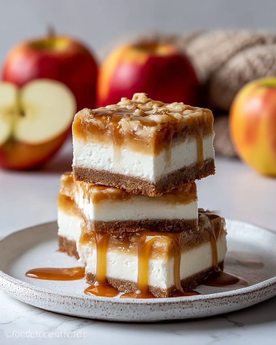 A slice of cheesecake with three visible layers sits on a white plate against a white marbled background. The bottom layer is a dark brown, crumbly crust. The middle layer is creamy and yellowish, thick and smooth. The top layer is a light brown swirl pattern baked into the cheesecake. On top is a dollop of white whipped cream with a drizzle of shiny caramel sauce flowing down the sides, pooling on the plate around the slice. Photo taken with an iphone --ar 4:5 --v 7