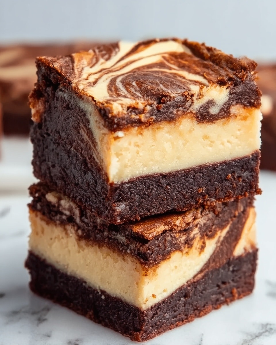 Two thick square brownies are stacked on top of each other on a white marbled surface. Each brownie has three clear layers: the bottom layer is a dark, moist chocolate cake; the middle layer is creamy and light beige with a smooth texture; the top layer is a marbled swirl of white and dark brown, creating a mix of colors and a slightly glossy finish. The edges are firm and the top surface has a slightly bumpy texture from the swirls. Photo taken with an iphone --ar 4:5 --v 7