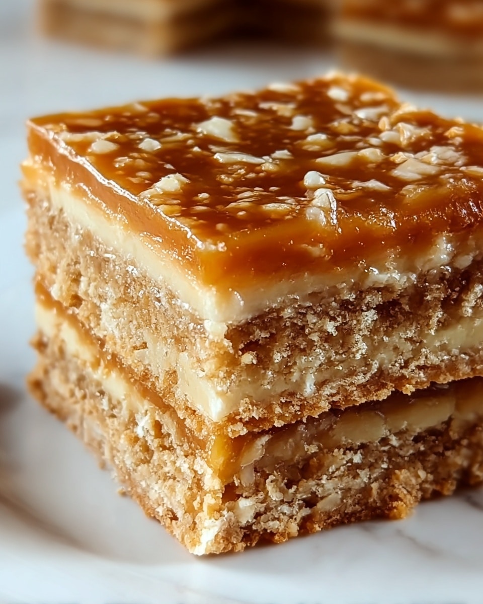 The image shows a close-up of a square dessert bar with four visible layers. The bottom layer is a crumbly, light brown cookie or cracker base with a rough texture. Above it is a thin, smooth, creamy beige filling that adds a soft contrast. The third layer consists of another crumbly light brown cookie or cracker layer similar to the base. On top, there is a thick glossy caramel layer with a rich amber color, dotted with small crunchy bits, possibly nuts or crisped grains. The edges are slightly uneven, and the bar rests on a white plate set on a white marbled surface. photo taken with an iphone --ar 4:5 --v 7