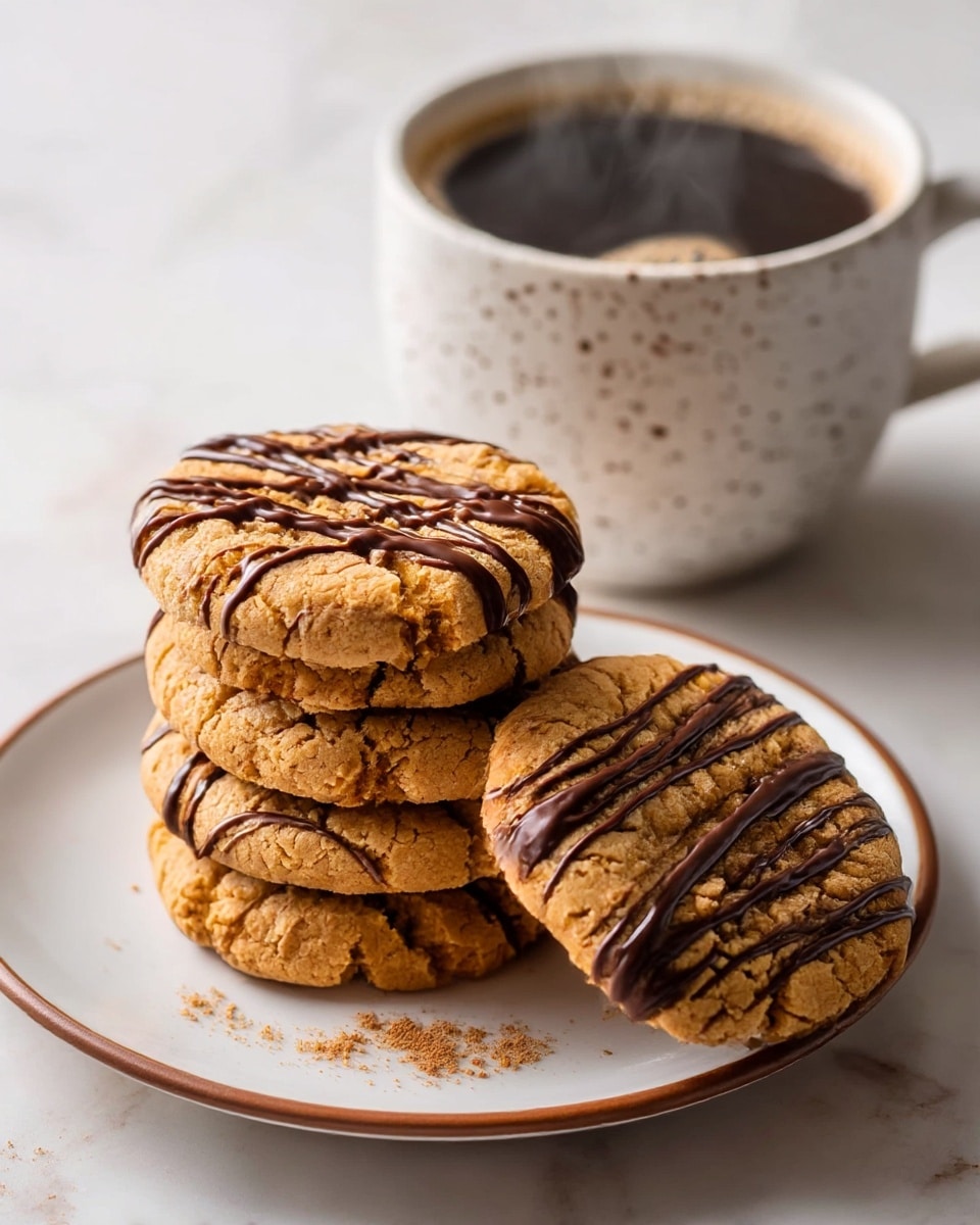 A stack of five round, golden brown cookies with a cracked texture is placed on a white plate with a thin brown rim, each cookie drizzled with dark chocolate lines horizontally. One cookie leans against the stack, showing its side and rough texture with chocolate drizzle. Behind the plate, a white speckled coffee mug filled with steaming dark coffee sits on a white marbled surface, with slight coffee foam visible near the edges. The soft, natural light highlights the warm colors and textures of the cookies and coffee steam. Photo taken with an iphone --ar 4:5 --v 7