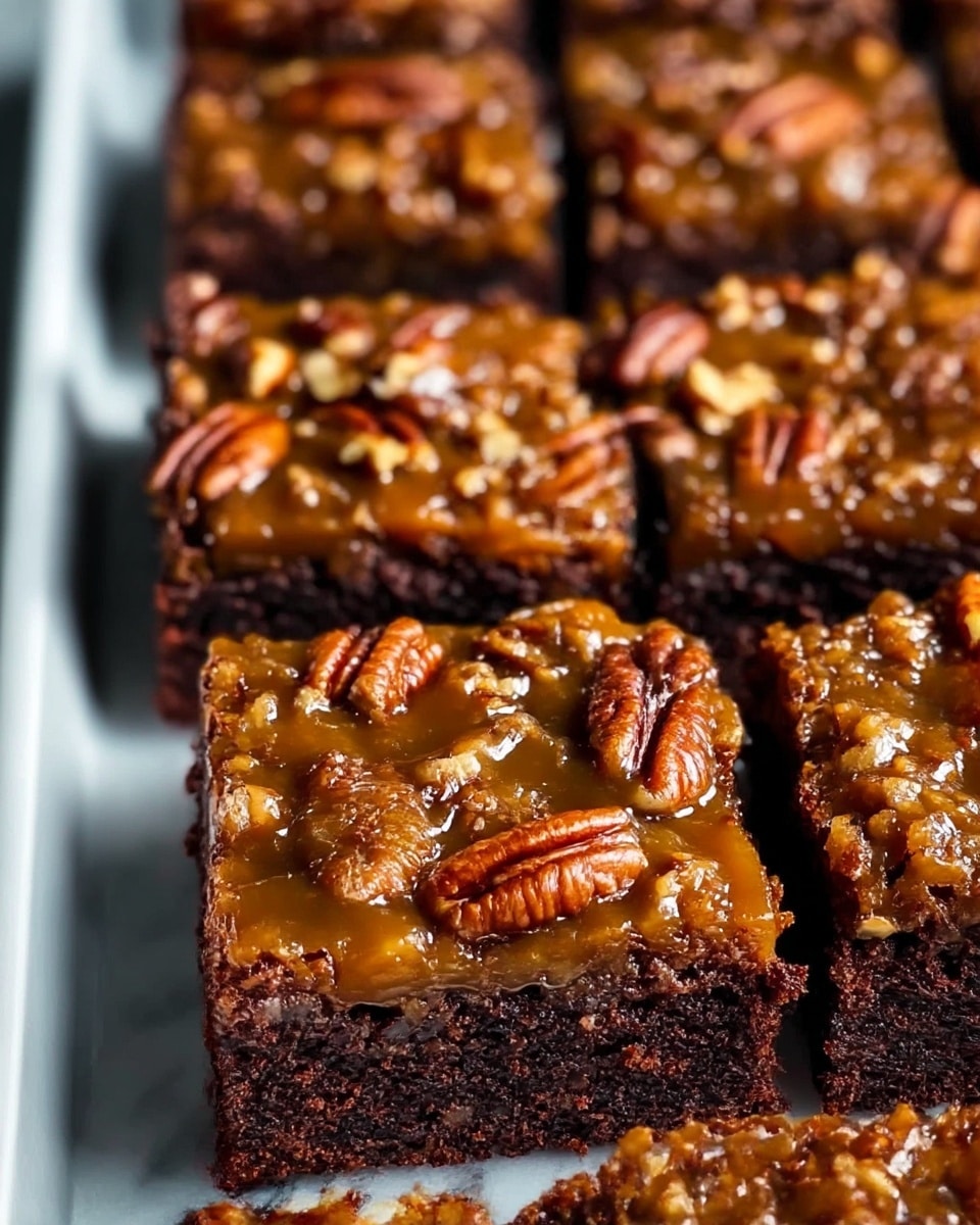 The image shows a tray of rich chocolate brownies cut into neat squares, each topped with a glossy layer of caramel and crunchy pecan pieces. The brownies have two main layers: a dense, dark brown base that looks moist and fudgy, and a sticky, amber caramel layer that is studded with whole and chopped pecans, giving a glossy and textured finish. The pieces are placed close together on a white tray, sitting on a white marbled surface, highlighting the deep colors of the brownies and the golden shine of the caramel and nuts. photo taken with an iphone --ar 4:5 --v 7
