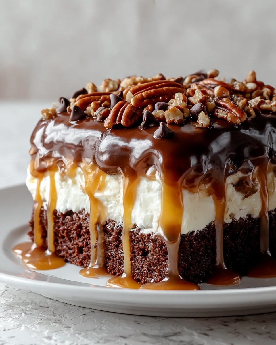 This dessert has four layers visible. The bottom layer is dark brown, moist chocolate cake with a rich texture. Above it is a thick white creamy layer that looks soft and fluffy. The third layer is a golden caramel sauce dripping down the sides with a glossy, smooth texture. The top layer is a thick, shiny chocolate glaze covering the caramel and cream, richly dark brown in color, with lots of pecans and dark chocolate chips sprinkled on top. The dessert is served on a white plate, placed on a white marbled textured surface. Photo taken with an iphone --ar 4:5 --v 7