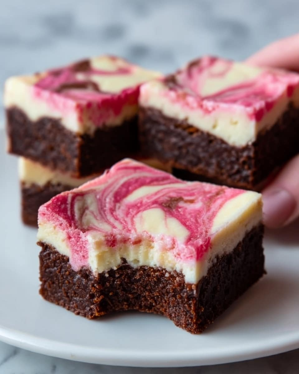The image shows four square dessert pieces on a white plate, each with three visible layers. The bottom layer is a dense, rich dark brown brownie base. The middle layer is a creamy, off-white cheesecake with swirls of bright pink mixed in, creating a marbled effect that continues onto the top layer. The top has a smooth, slightly glossy surface where the pink and white mix in soft swirls. One piece in front has a bite taken out, showing the thick and moist texture of the brownie and the creamy cheesecake. A woman's hand is gently holding the edge of one piece. The plate sits on a white marbled textured surface. photo taken with an iphone --ar 4:5 --v 7