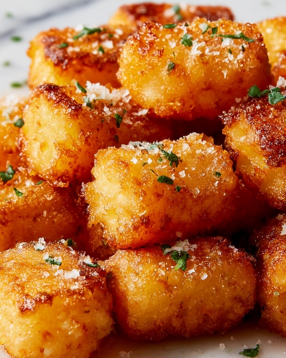 The image shows several golden brown, crispy tater tots that are evenly cooked and piled closely together, each piece having a rough, crunchy texture with small bits of fried surface visible. On top of several tots, there are small sprinkles of coarse sea salt and finely chopped green herbs, adding contrast in color and texture. The background is a white marbled surface that adds a clean, bright feel to the image. photo taken with an iphone --ar 4:5 --v 7