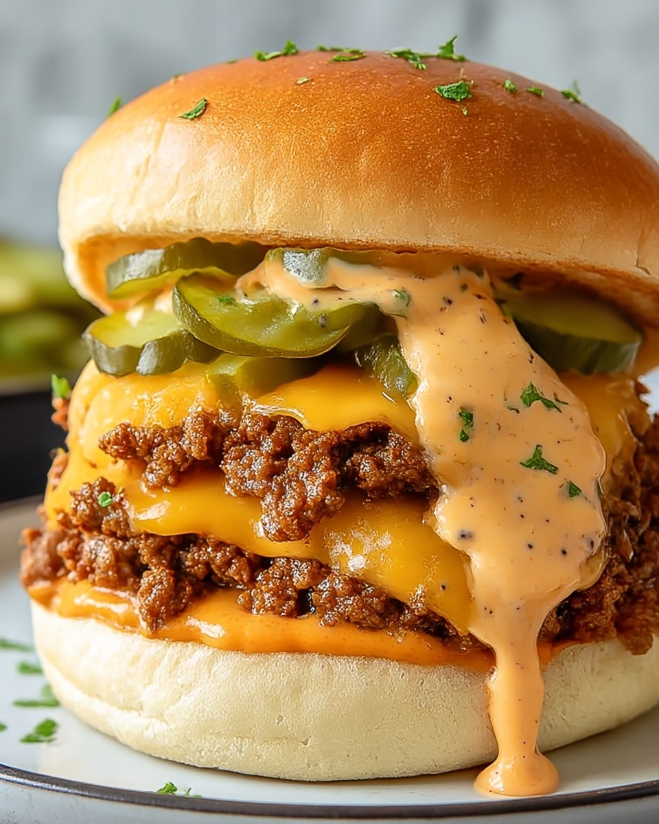 A tall burger sits on a white plate with a white marbled background. The bottom layer is a soft, light beige bun spread with a smooth, bright orange sauce. Above this is a thick layer of cooked ground beef mixed with melted cheddar cheese that glows golden yellow and oozes slightly. On top of the beef and cheese mix, there is a creamy, light orange sauce with small black specks, dripping down the sides. Above this sauce are several slices of green pickles peeking out. The burger is finished with a smooth, slightly shiny top bun sprinkled with chopped green herbs. Photo taken with an iphone --ar 4:5 --v 7