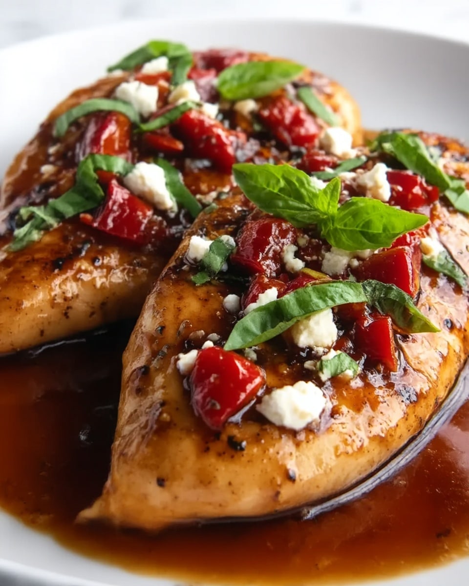 A close-up of two grilled chicken breasts on a white plate, covered in a shiny brown sauce that pools around the base. Each piece is topped with bright green fresh basil leaves, small white crumbles of cheese, and bright red chunks of roasted red peppers. The chicken breasts are golden brown with visible grill marks and a slight char, giving a textured look to the surface. The background shows a white marbled texture, adding a clean and bright contrast to the rich colors of the dish. photo taken with an iphone --ar 4:5 --v 7