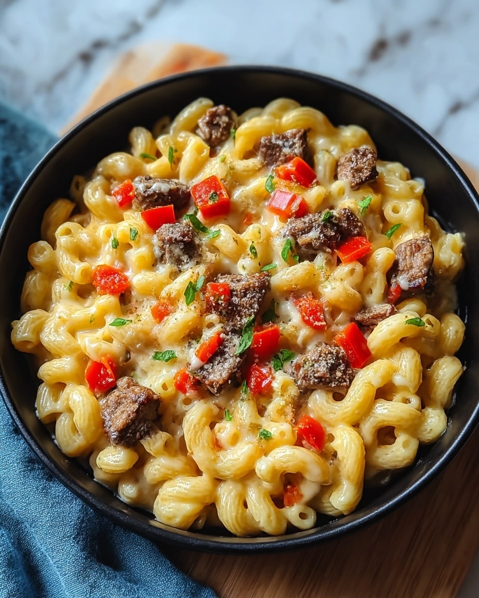 A black bowl filled with creamy macaroni and cheese as the base layer, the pasta is light yellow and coated in melted cheese. On top, there are small chunks of browned steak scattered evenly, showing a texture of cooked meat, and bright red diced bell peppers adding a fresh contrast. Small pieces of green herbs are sprinkled over the top, adding a touch of freshness. The bowl sits on a light wooden surface with a blue cloth nearby, all against a white marbled texture background. photo taken with an iphone --ar 4:5 --v 7