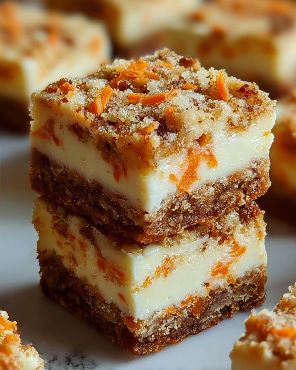 The image shows a close-up of two stacked dessert squares with three visible layers. The bottom layer is a dense, crumbly brown base with visible bits of orange carrot and a rough texture. The middle layer is creamy white, smooth, and thick, contrasting with the textured base. The top layer has a crumbly brown topping mixed with more orange carrot bits, adding visual interest and texture. The dessert pieces are surrounded by other similar squares, all on a white marbled surface. photo taken with an iphone --ar 4:5 --v 7