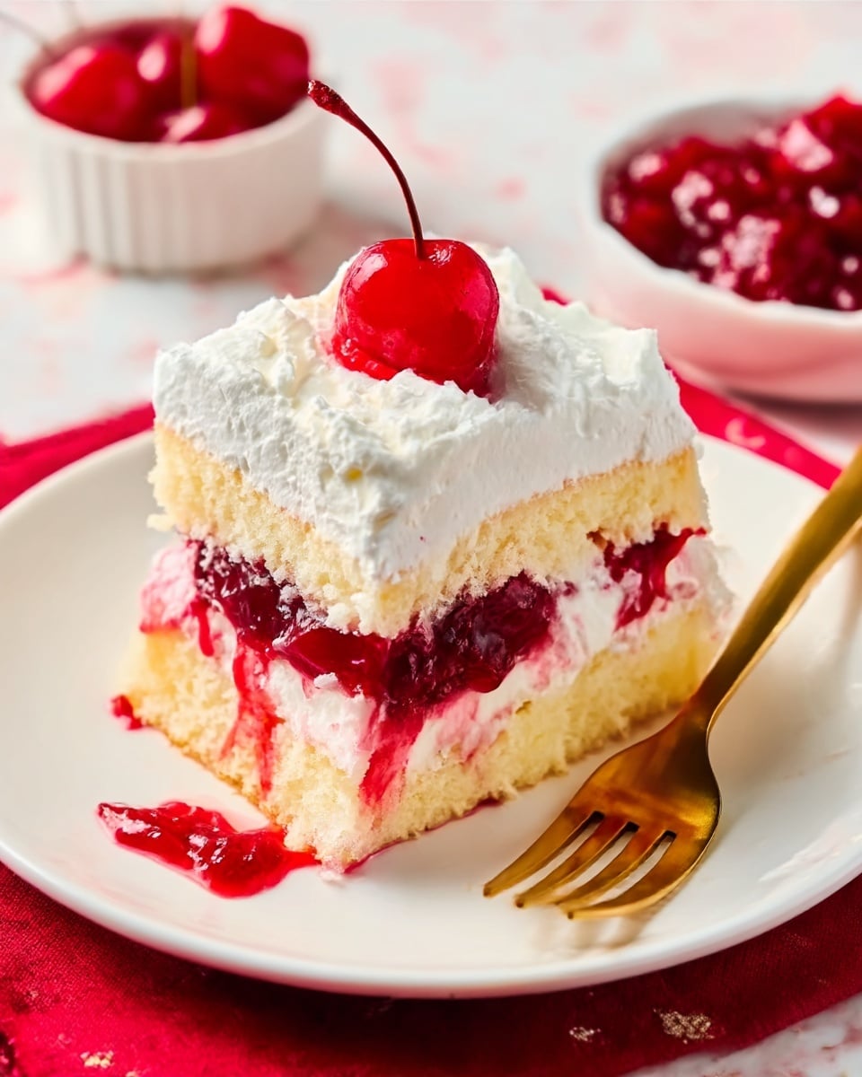 A white plate holds a slice of layered dessert with three distinct layers: the bottom layer is a moist, light cake with a golden texture, the middle layer is a bright red cherry filling that looks juicy and thick, and the top layer is fluffy white whipped cream adorned with a few whole cherries and a glossy cherry topping in the center. A gold fork rests next to the slice on the right side of the plate, which sits on a white marbled textured surface with a red cloth underneath the plate's right edge and a small white bowl with extra cherry topping visible in the background. Photo taken with an iphone --ar 4:5 --v 7