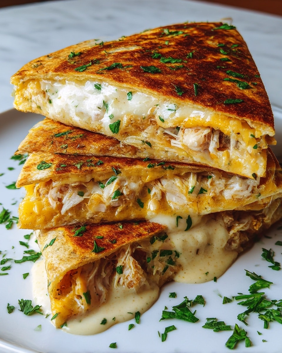 The image shows a stack of three triangular quesadilla slices on a white plate, placed on a white marbled surface. Each quesadilla slice has a crispy, browned golden-brown outer layer with small green parsley flakes sprinkled on top. Inside, the quesadilla is filled with two distinct melted cheese layers, one creamy white and the other a light yellow-orange, mixed with tender, shredded chicken pieces that have a light brown grilled texture. Creamy sauce with a smooth texture is oozing out between the layers and pooling slightly on the plate, garnished with more fresh chopped parsley around the slices. photo taken with an iphone --ar 4:5 --v 7