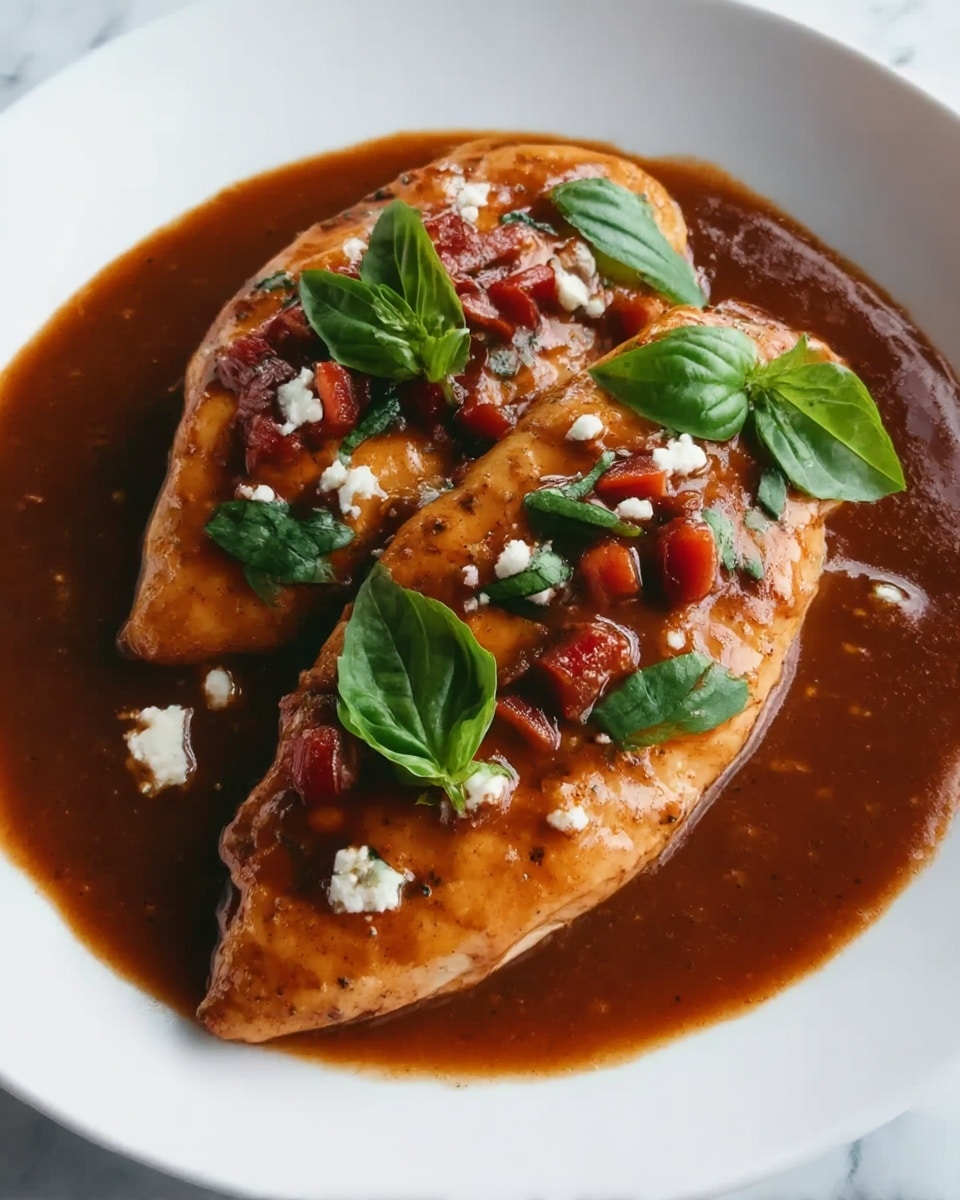 The image shows two golden-brown grilled chicken breasts sitting in a dark brown sauce on a white plate, with fresh green basil leaves and small red diced pieces on top scattered alongside small white crumbles. The sauce has a smooth but slightly thick texture pooling around the chicken, which looks juicy and well cooked with grill marks lightly visible. The white plate contrasts with the rich colors of the food, all placed on a white marbled surface. photo taken with an iphone --ar 4:5 --v 7
