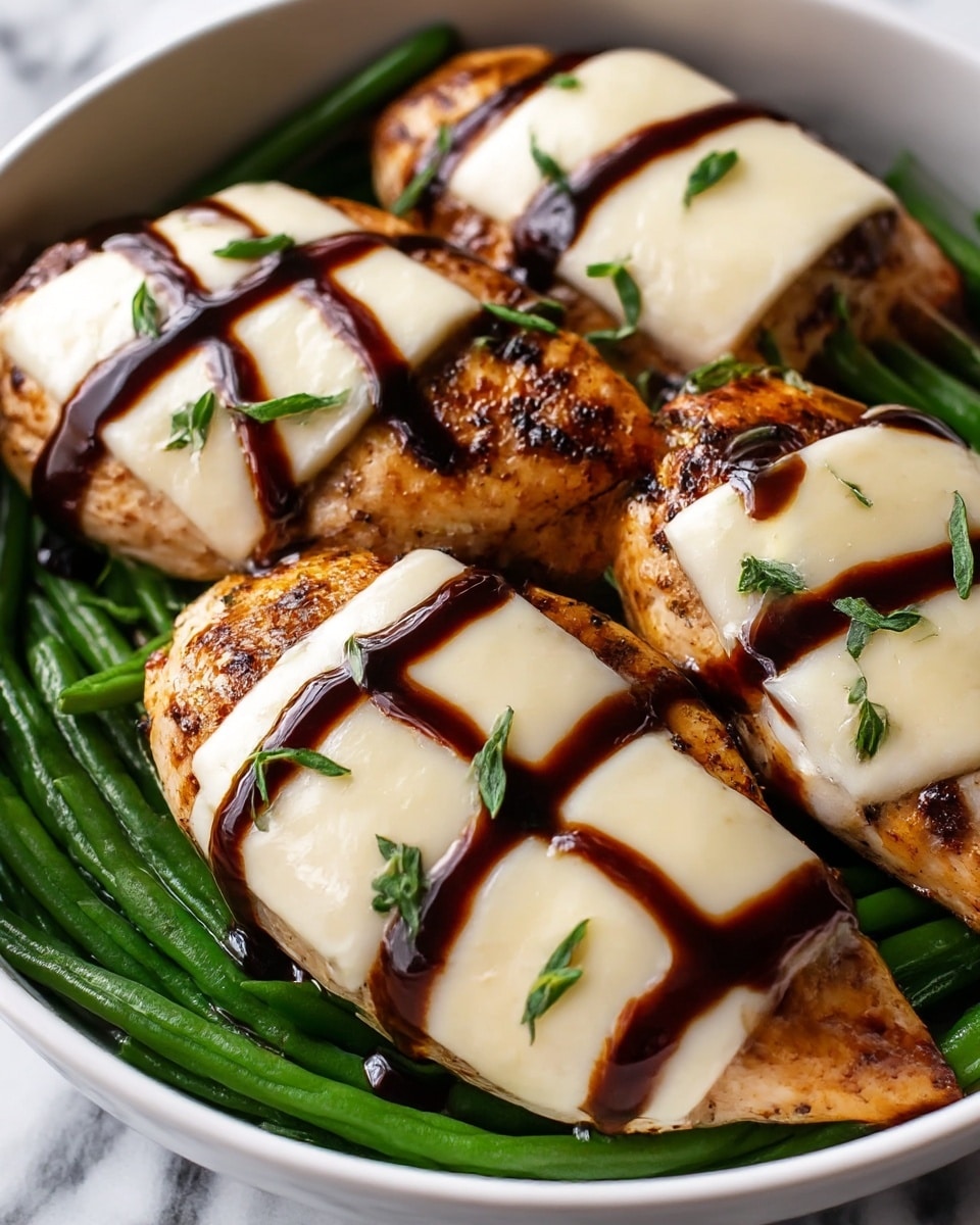 The dish shows three grilled chicken breasts placed on a bed of fresh green beans inside a white bowl. Each chicken breast has three thick, white melted cheese slices layered evenly across their tops, alternating with dark brown, glossy balsamic glaze stripes. Small green herb leaves are scattered lightly over the chicken and cheese, adding a fresh touch. The chicken is golden brown and slightly charred, showing a rich, moist texture. The green beans underneath peek out around the edges, creating a colorful contrast against the white bowl and white marbled surface. photo taken with an iphone --ar 4:5 --v 7