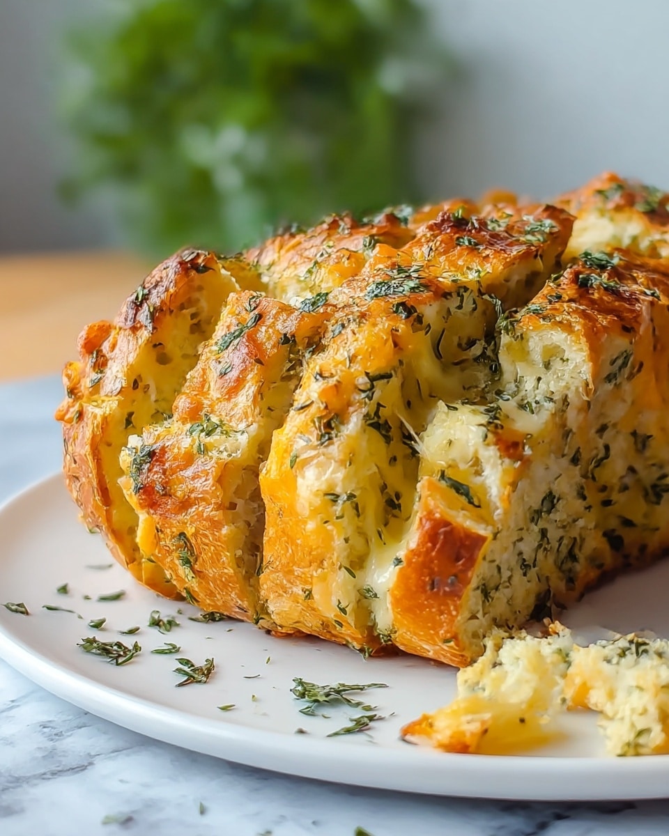 The image shows a close-up of a pull-apart garlic cheese bread on a white plate, placed on a white marbled surface. The bread has several vertical layers, each filled with melted cheese and topped with green herbs and crispy golden-brown baked cheese. The texture of the bread looks soft inside with a crunchy crust on the outside. Some small pieces of herbs are scattered around the plate. The background is softly blurred with green elements giving a fresh look. photo taken with an iphone --ar 4:5 --v 7