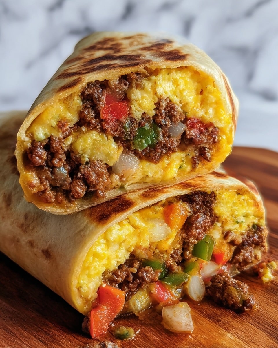 A close-up view of a burrito cut in half, showing four layers inside. The outer layer is a lightly toasted, soft tortilla colored golden brown with some darker grill spots. Inside, the first inner layer is bright yellow scrambled eggs with a fluffy texture. Next, there is a layer of cooked ground beef, crumbly and dark brown with a slightly juicy look. Mixed in with the beef are diced vegetables: white onions, red and green bell peppers, all small and slightly shiny from cooking. The halves are stacked on top of each other, resting on a wooden cutting board with some filling spilling out. The background is a white marbled texture. Photo taken with an iphone --ar 4:5 --v 7