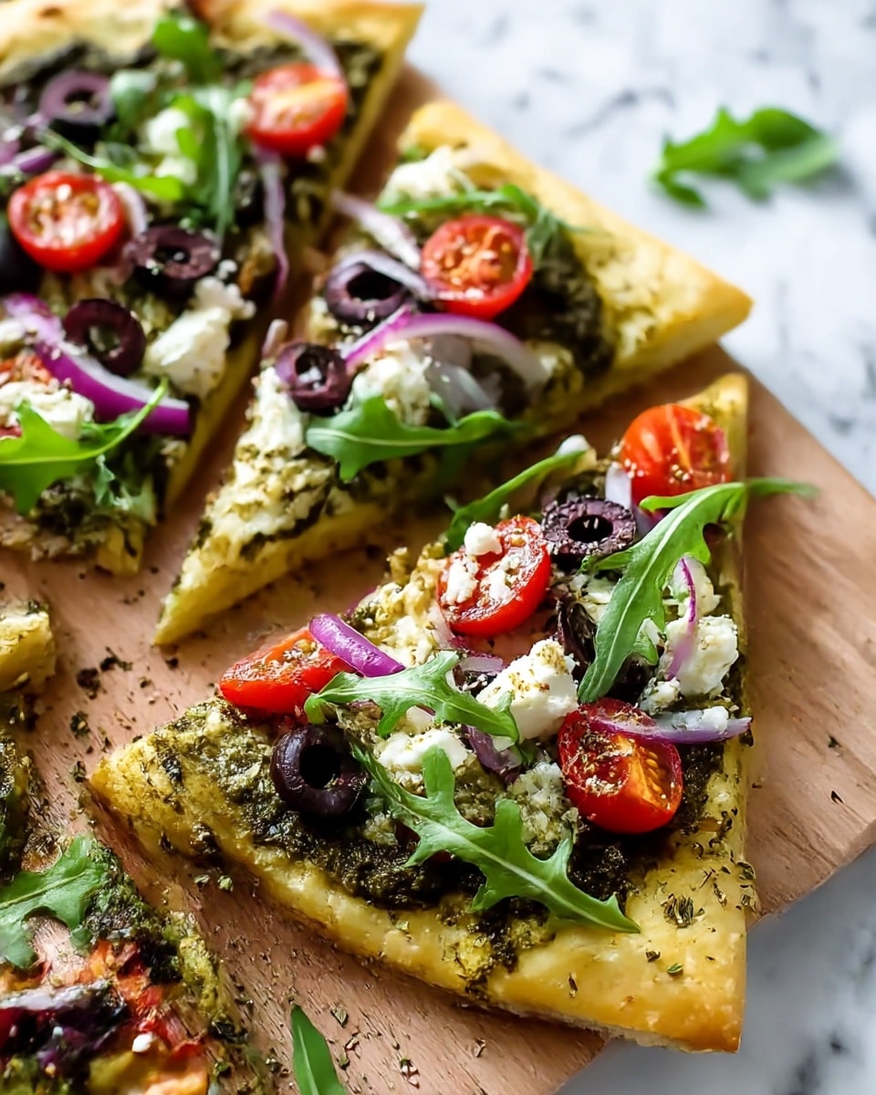 A close-up view of three pizza slices on a wooden board, placed on a white marbled texture surface. Each slice has a golden, thick crust base topped with a dark green pesto sauce spread unevenly. On top are halved red cherry tomatoes, black olive slices, chunks of white cheese, thin strips of purple onion, and fresh green arugula leaves scattered around and on the slices. The pizza has a slightly rustic look with visible herbs sprinkled over it, and the toppings are fresh and colorful, giving a vibrant and appetizing appearance. photo taken with an iphone --ar 4:5 --v 7