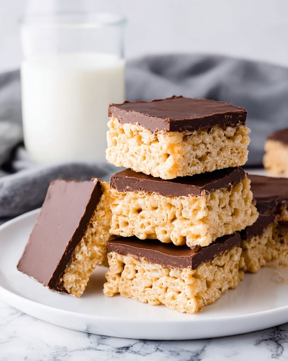 The image shows a stack of five crispy rice treats with two clear layers on a white plate. The bottom layer has a light golden color with a rough texture made of puffed rice cereal, while the top layer is smooth and glossy dark brown chocolate. The top treat is slightly angled, showing the thickness and texture of both layers clearly. In the background, there is a clear glass of milk and a grey cloth on a white marbled surface. The focus is close up on the treats, emphasizing their crunchy and creamy look. photo taken with an iphone --ar 4:5 --v 7