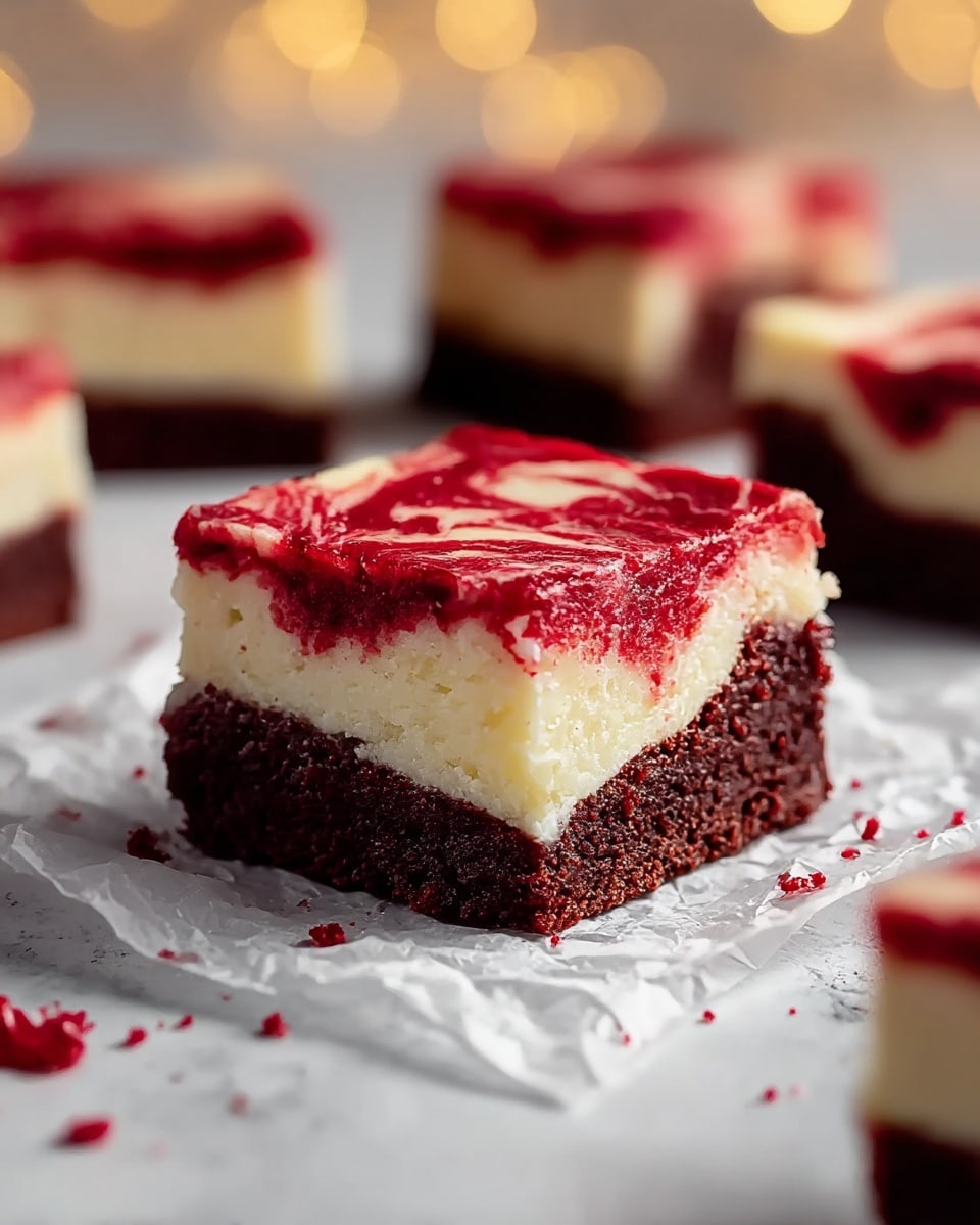 A thick square piece of dessert with three visible layers sits on a slightly crumpled white parchment paper atop a white marbled surface. The bottom layer is dark red-brown and looks moist and dense like a rich chocolate cake. The middle layer is creamy white with a smooth texture, resembling cheesecake. The top layer is a glossy, deep red swirled with white, creating a marbled effect. There are a few red crumbs scattered around the base of the dessert, and the background is softly blurred with warm bokeh lights. Photo taken with an iphone --ar 4:5 --v 7