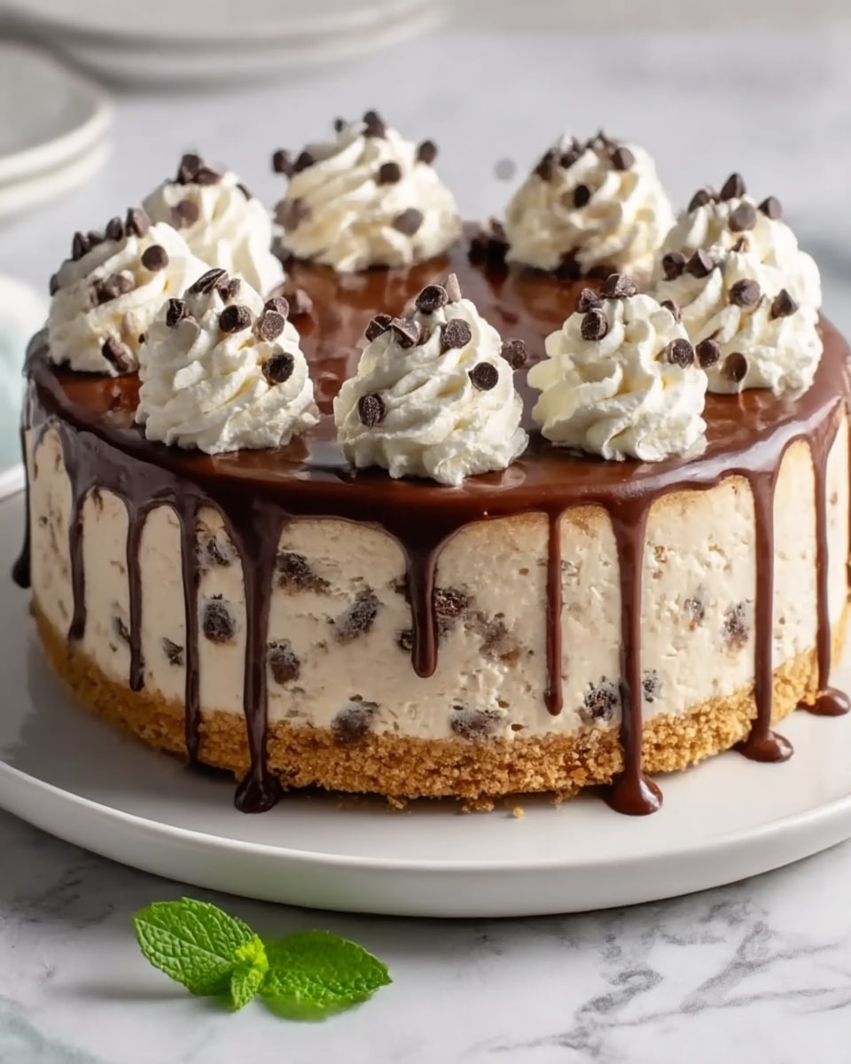 A round chocolate chip cheesecake with three main layers sits on a white plate on a white marbled surface. The bottom layer is a golden brown crumbly crust, the middle layer is thick and creamy light beige with visible chocolate chips mixed inside, and the top layer is a smooth chocolate glaze dripping down the sides. On top, there are six swirls of white whipped cream spaced evenly around the edge, each decorated with small chocolate chips, and a few chocolate drizzle lines crossing the whipped cream. A small green mint leaf sits next to the plate. Photo taken with an iphone --ar 4:5 --v 7