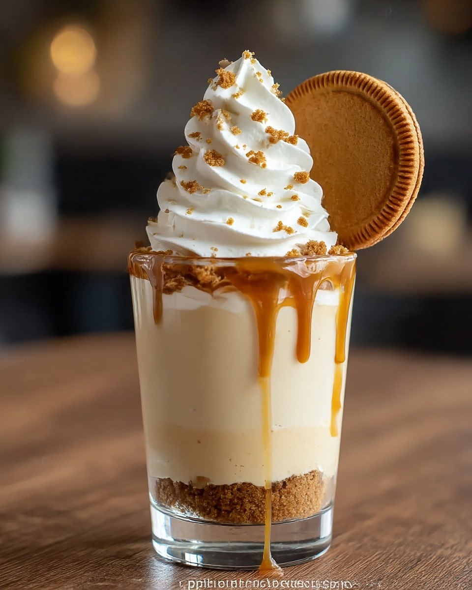 A clear glass has three layers: the bottom layer is a crumbly brown cookie crust, the middle layer is smooth and creamy light tan cheesecake filling, and the top layer is white whipped cream swirled in a tall peak with small brown cookie crumbs sprinkled on it. A caramel sauce drips down the side of the glass, and a whole round brown cookie is placed at the back of the whipped cream, leaning slightly to the right. The glass sits on a wooden surface with a blurred background. photo taken with an iphone --ar 4:5 --v 7