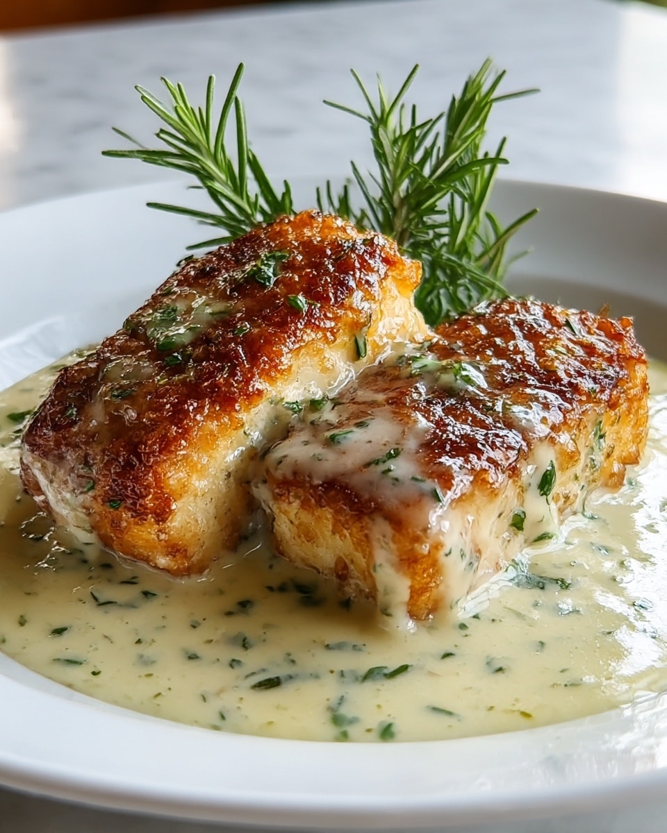 Two thick, crispy golden-brown pieces of fish rest on a shallow layer of creamy white sauce speckled with green herbs, both pieces glistening with the sauce dripping down their sides. A sprig of fresh rosemary is placed behind the fish, adding a touch of green color. The dish is served on a clean white plate, which sits on a white marbled surface, creating a bright and fresh look. photo taken with an iphone --ar 4:5 --v 7