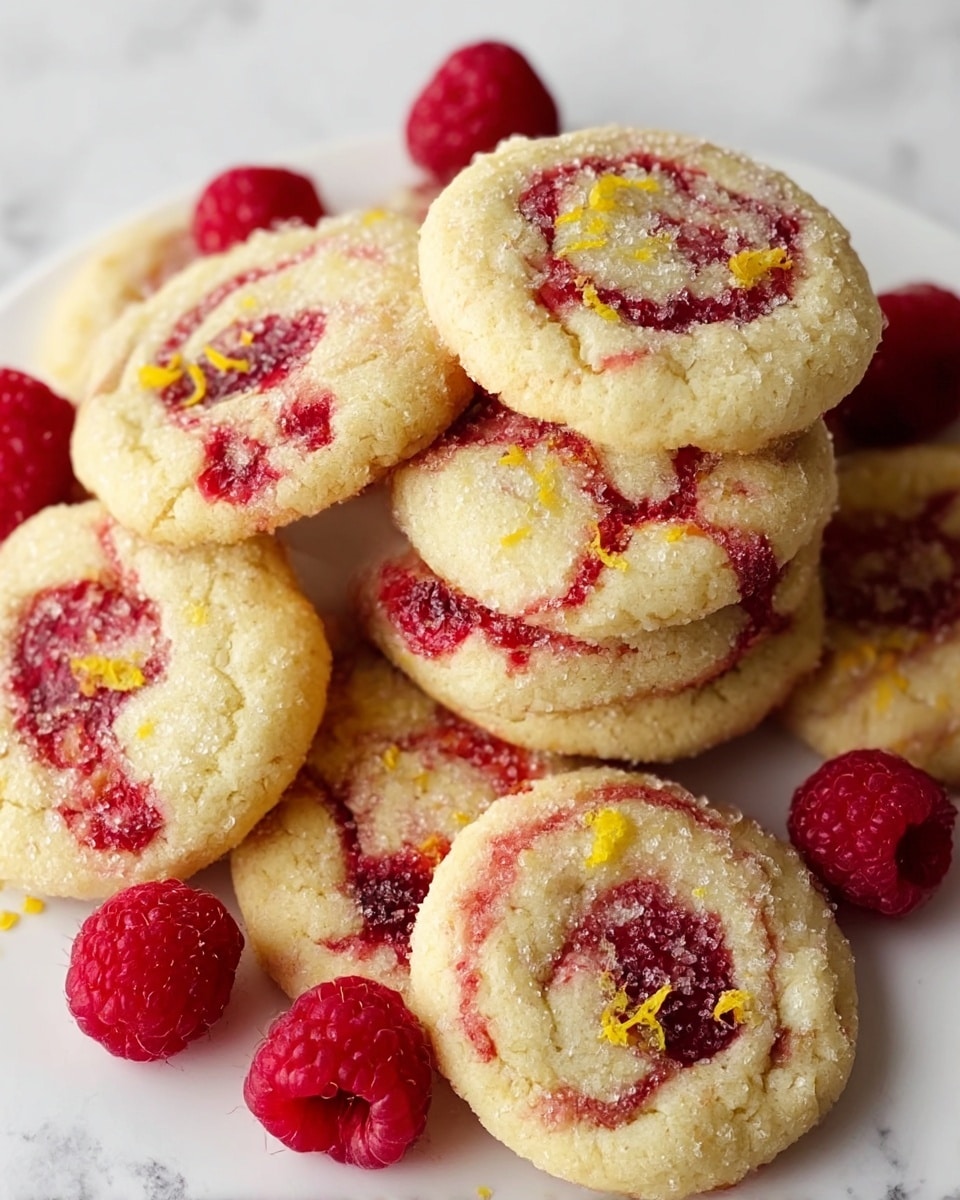 A stack of round, soft cookies sits on a white plate, each cookie showing swirls of red raspberry jam marbled into the light golden dough. The cookies have a slightly cracked surface dusted with granulated sugar, giving a sparkly texture. Small pieces of bright yellow lemon zest are scattered on top, adding a touch of color. Fresh whole raspberries are placed around the cookies, some tucked between them, enhancing the visual contrast with their deep red and bumpy texture. The plate rests on a white marbled surface. photo taken with an iphone --ar 4:5 --v 7