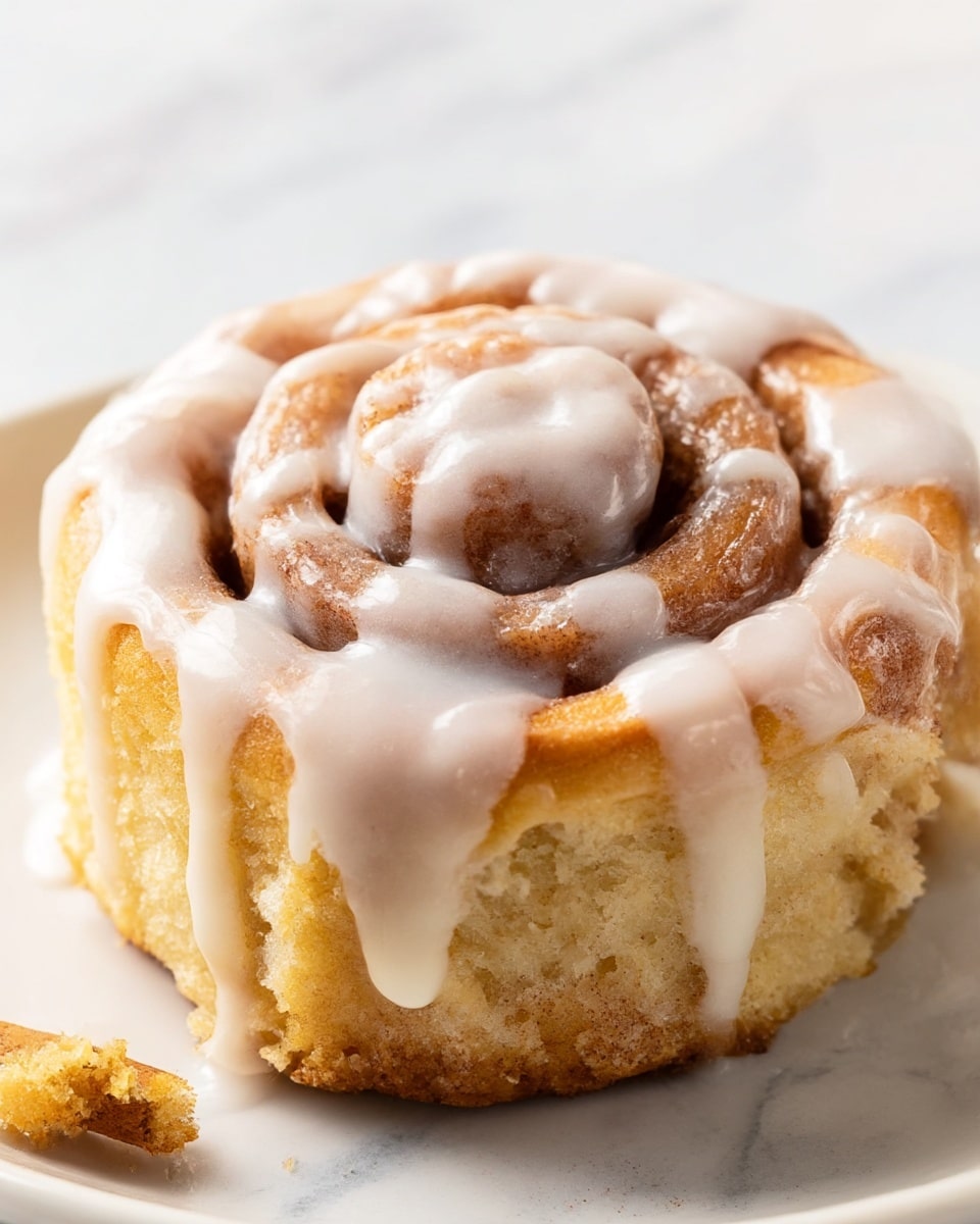 A close-up of a single cinnamon roll with a golden brown base and soft, swirled layers of dough coated with a light brown cinnamon sugar mix. Each spiral is topped with thick white icing drizzled unevenly over the top and sides, creating a slightly messy but inviting look. The cinnamon roll sits on a white plate with a soft white marbled texture background, with a small crumb visible near the bottom left corner. photo taken with an iphone --ar 4:5 --v 7