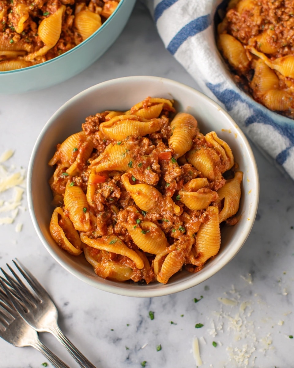 The image shows a close-up of a white bowl filled with layers of shell pasta mixed with a thick, reddish-brown meat sauce containing small bits of ground meat and finely chopped red bell peppers, garnished lightly with green herbs. The pasta shells are coated evenly in the sauce, giving them a glossy, rich texture with some visible seasoning. The bowl rests on a white marbled surface, and in the background, there is another white bowl with more of the same pasta and a white cloth with blue stripes partially visible. Some cheese shavings and sprinkles of herbs are scattered around, and two silver forks lie next to the bowl. Photo taken with an iphone --ar 4:5 --v 7