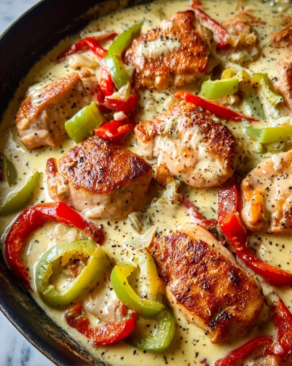 The close-up image shows several golden-brown, seared chicken pieces with a slightly crispy texture, swimming in a creamy, light yellow sauce speckled with black pepper. Slices of bright green banana peppers and strips of red roasted peppers are scattered over and between the chicken pieces, adding a pop of color and freshness. The sauce appears rich and smooth, partially covering some pieces while pooling around the edges. The food is in a black pan with a visible cooked texture near the edges. The scene rests on a white marbled surface. photo taken with an iphone --ar 4:5 --v 7