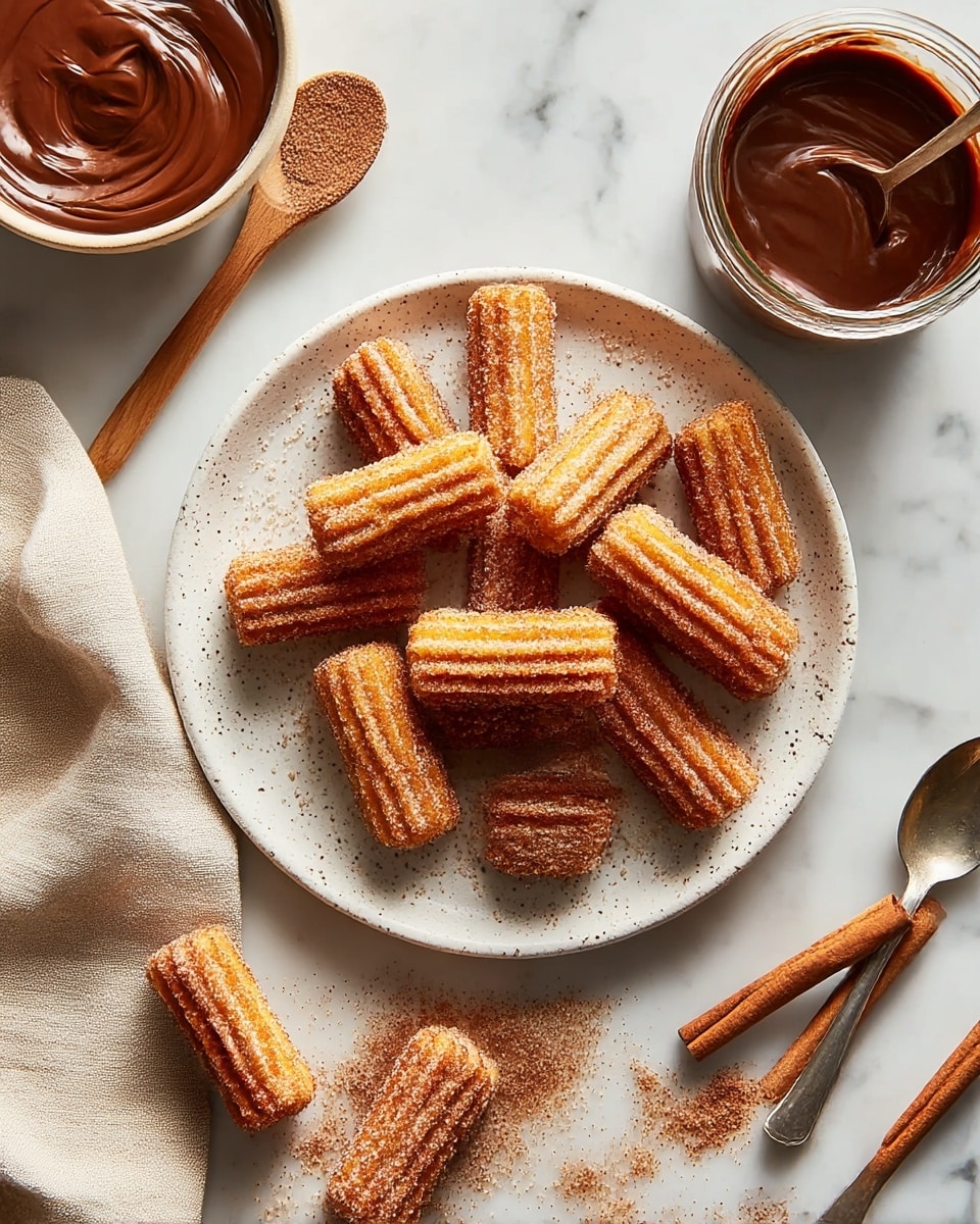 A white speckled plate holds about twelve small, rectangular churros coated in cinnamon sugar; each churro has a ridged texture and a golden-brown color with sugar sparkling on the surface. Some churros rest on the white marbled surface next to the plate, with scattered cinnamon sugar nearby. To the left side, a wooden spoon lies on a light beige cloth. At the top left, a bowl with smooth chocolate sauce is partially visible with a small wooden spoon resting on its edge. On the top right side, there is a clear glass jar filled with shiny chocolate sauce and a metal spoon inside it. Two sticks of cinnamon lie near the jar on the white marbled surface. photo taken with an iphone --ar 4:5 --v 7