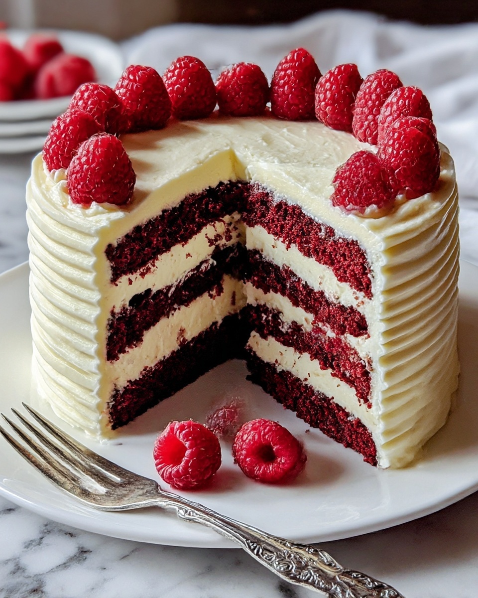 A three-layer cake with dark red sponge alternating with thick creamy white frosting between each layer, topped with a smooth white cream frosting that is textured with horizontal ridges around the sides. The top layer is decorated with fresh, plump red raspberries arranged in a ring. A slice is cut out showing the inside layers clearly, with two raspberries placed on the white plate beside the cake. An ornate silver fork lies on the plate near the slice. The setting is on a white marbled surface with soft lighting. Photo taken with an iphone --ar 4:5 --v 7
