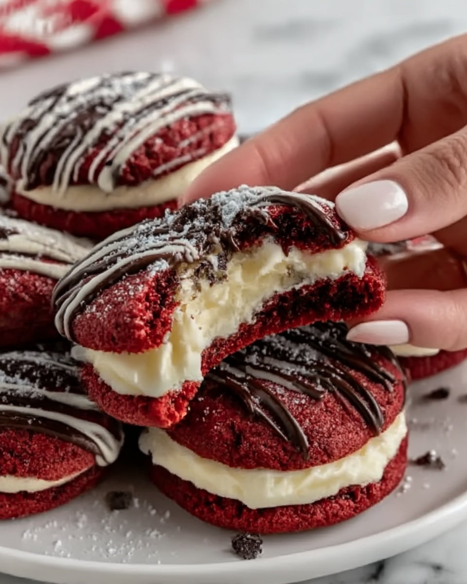 A close-up image showing a group of thick red velvet cookies covered in white cream cheese filling. Each cookie has two red layers with a soft, moist texture, sandwiching a smooth white cream cheese center. The top of each cookie is decorated with a drizzle of chocolate and a light dusting of powdered sugar. One cookie is held gently by a woman's hand, revealing the creamy inside. The cookies rest on a white plate on a white marbled surface. Photo taken with an iphone --ar 4:5 --v 7