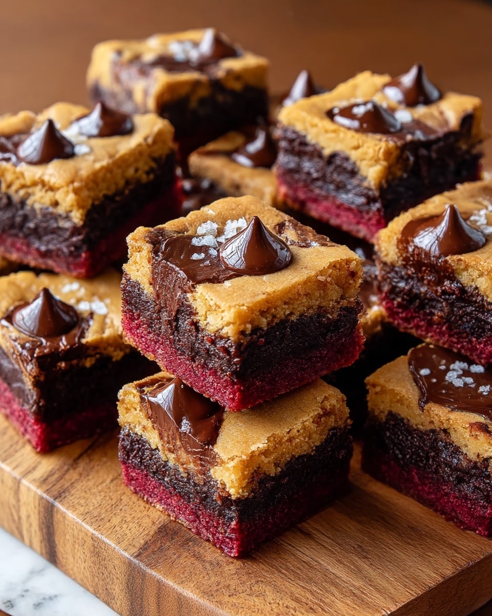 There are nine square-shaped dessert bars stacked closely on a wooden board, each bar has three visible layers: a bright red bottom layer with a soft crumb texture, a middle dark brown layer that looks moist and fudgy, and a light brown top layer with a smooth, slightly cracked surface that seems like cookie dough. The top of each bar has several shiny chocolate drops, some melting and spreading a glossy dark brown color, with small white salt flakes sprinkled on top for contrast. The image is focused on a central bar standing upright, showing the different layers clearly while the rest are arranged around it on a white marbled surface. photo taken with an iphone --ar 4:5 --v 7