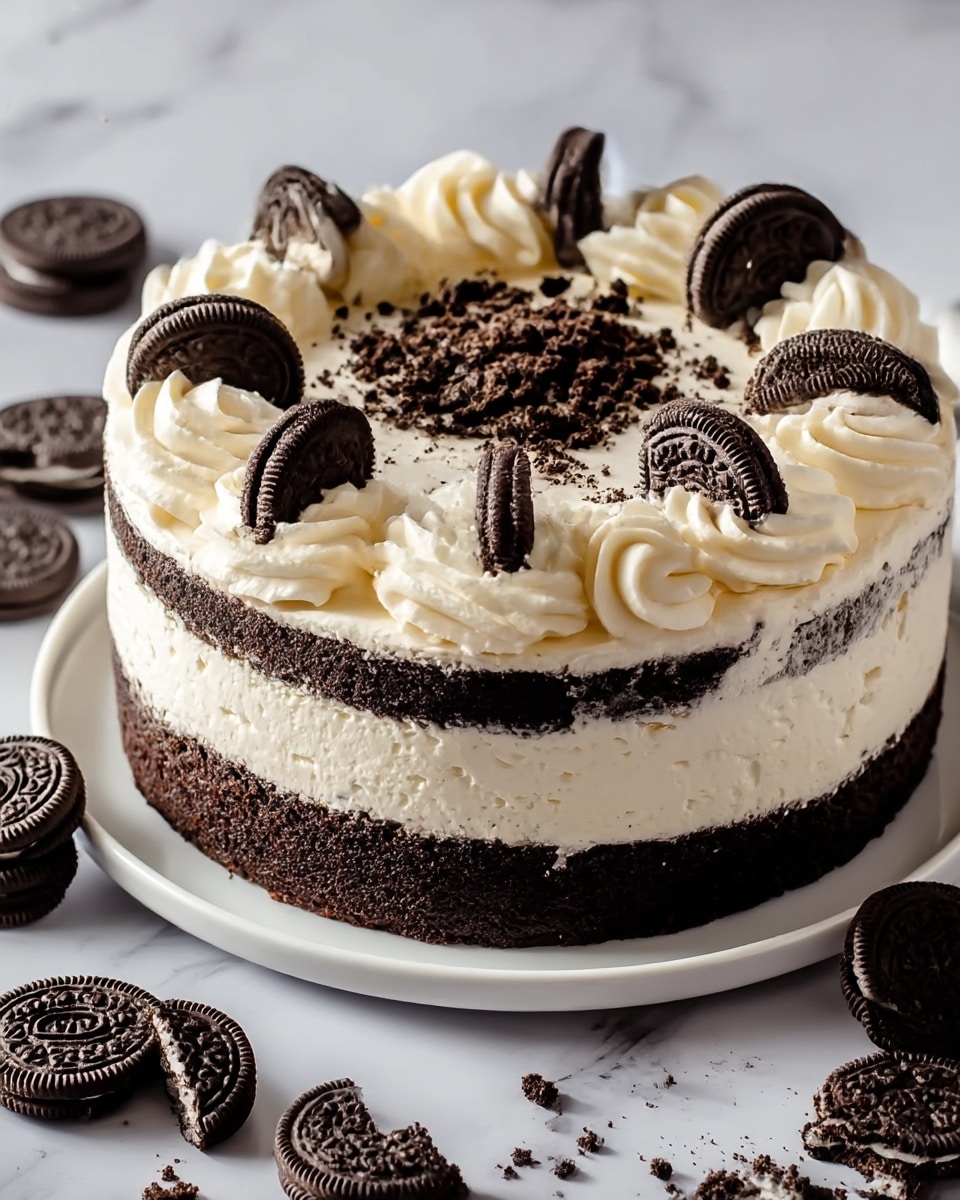 The image shows a round Oreo cake with two main layers of dark chocolate cake and a thick middle layer of creamy white frosting mixed with Oreo crumbs. The top of the cake is decorated with swirled white frosting, and around the edge, there are whole Oreo cookies evenly placed. In the center, there is more white frosting with Oreo crumbs scattered on top. The cake sits on a white plate, which is placed on a surface with a white marbled texture. Next to the cake, some whole Oreo cookies and crumbs are visible. photo taken with an iphone --ar 4:5 --v 7