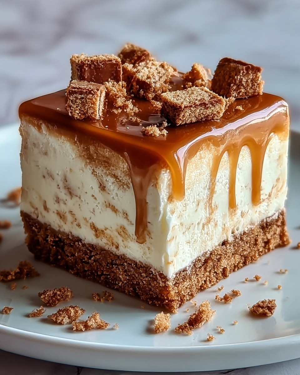 A thick square dessert with three visible layers sits on a white plate over a white marbled surface. The bottom layer is a crumbly brown base with a rough texture. The middle layer is thick and creamy white with specks of brown crumbs mixed inside. The top layer is smooth, shiny caramel brown, slightly dripping over the edges, and is garnished with several small, darker brown crumb squares and scattered crumbs on top. Photo taken with an iphone --ar 4:5 --v 7